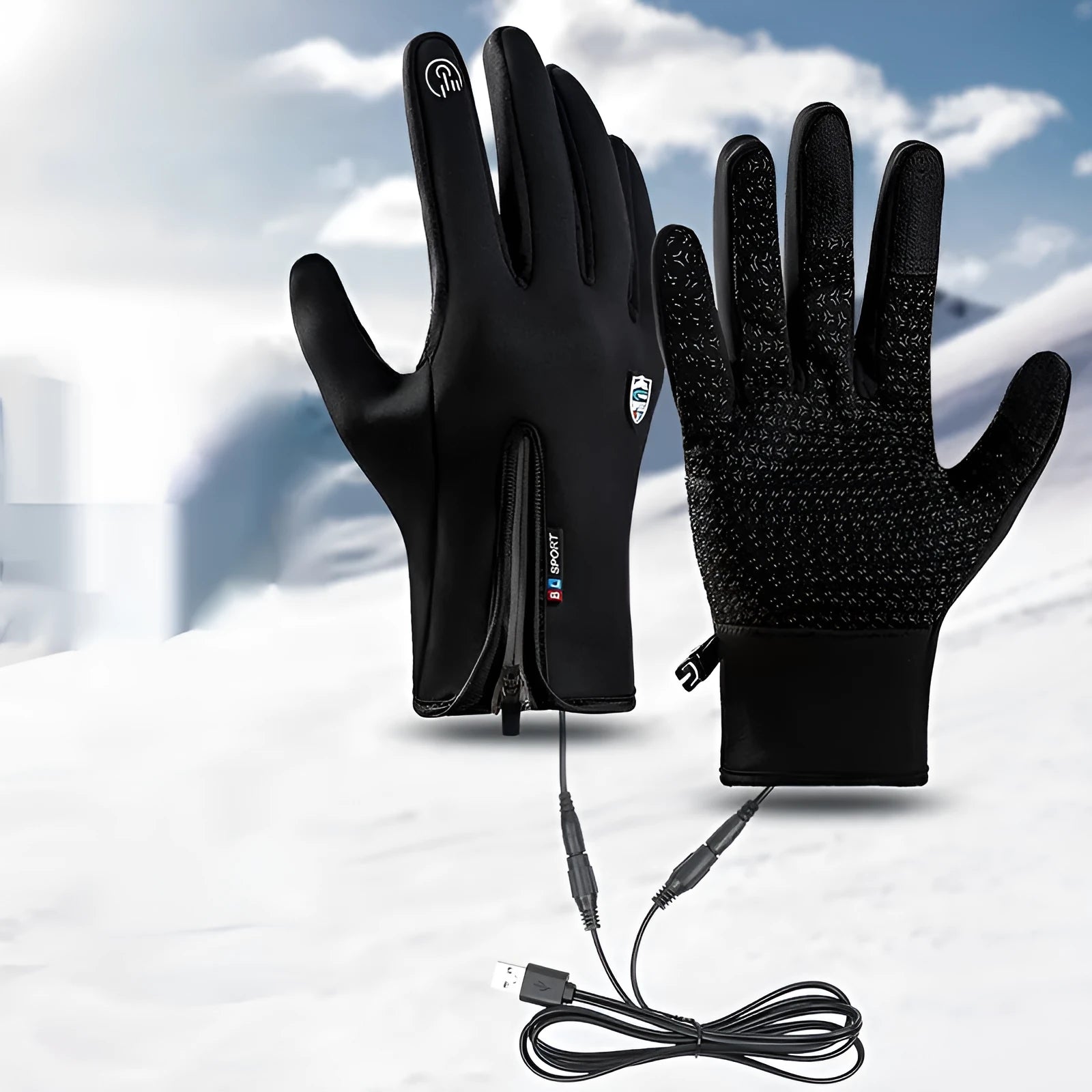 USB heating winter cycling gloves in black with constant temperature feature and windproof waterproof nylon fabric