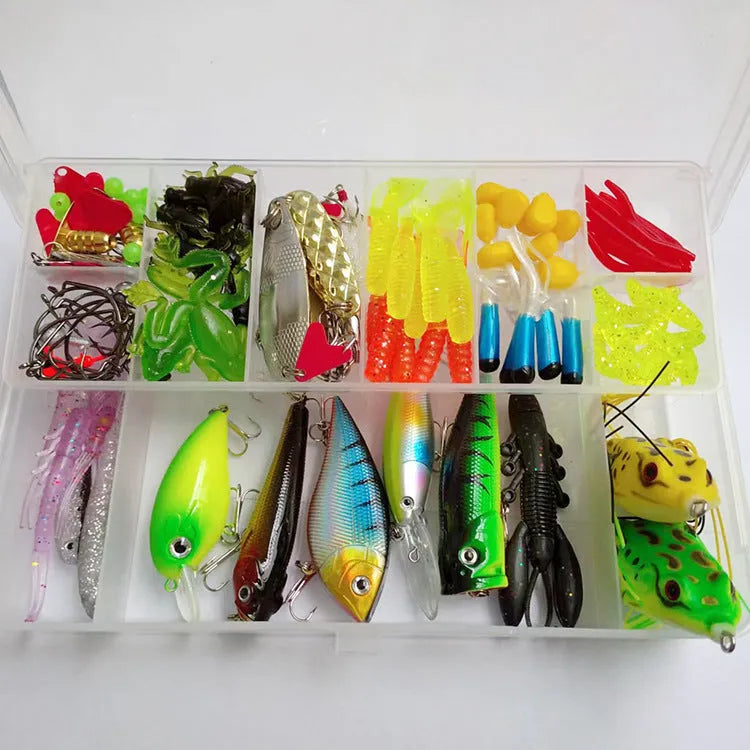 142-piece fishing lure kit featuring metal pliers, hard minnow lures, and sequin lures on a blue background.