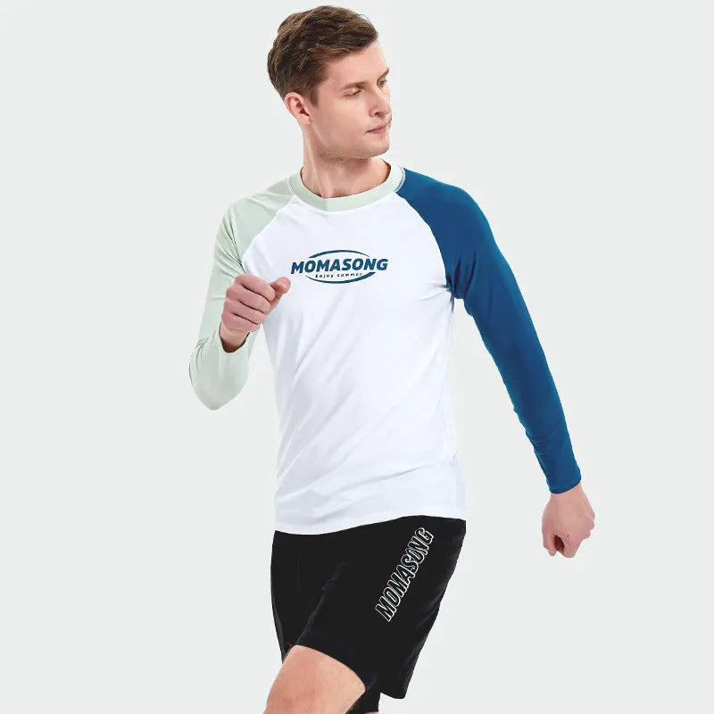 Men's long-sleeved swimsuit set with matching swimming trunks for beach sports
