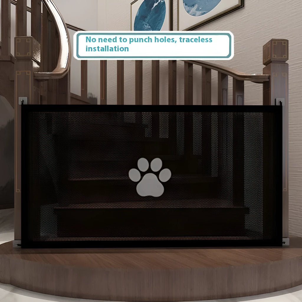 Portable folding dog barrier fence with plastic rod in black dog footprint door sill design