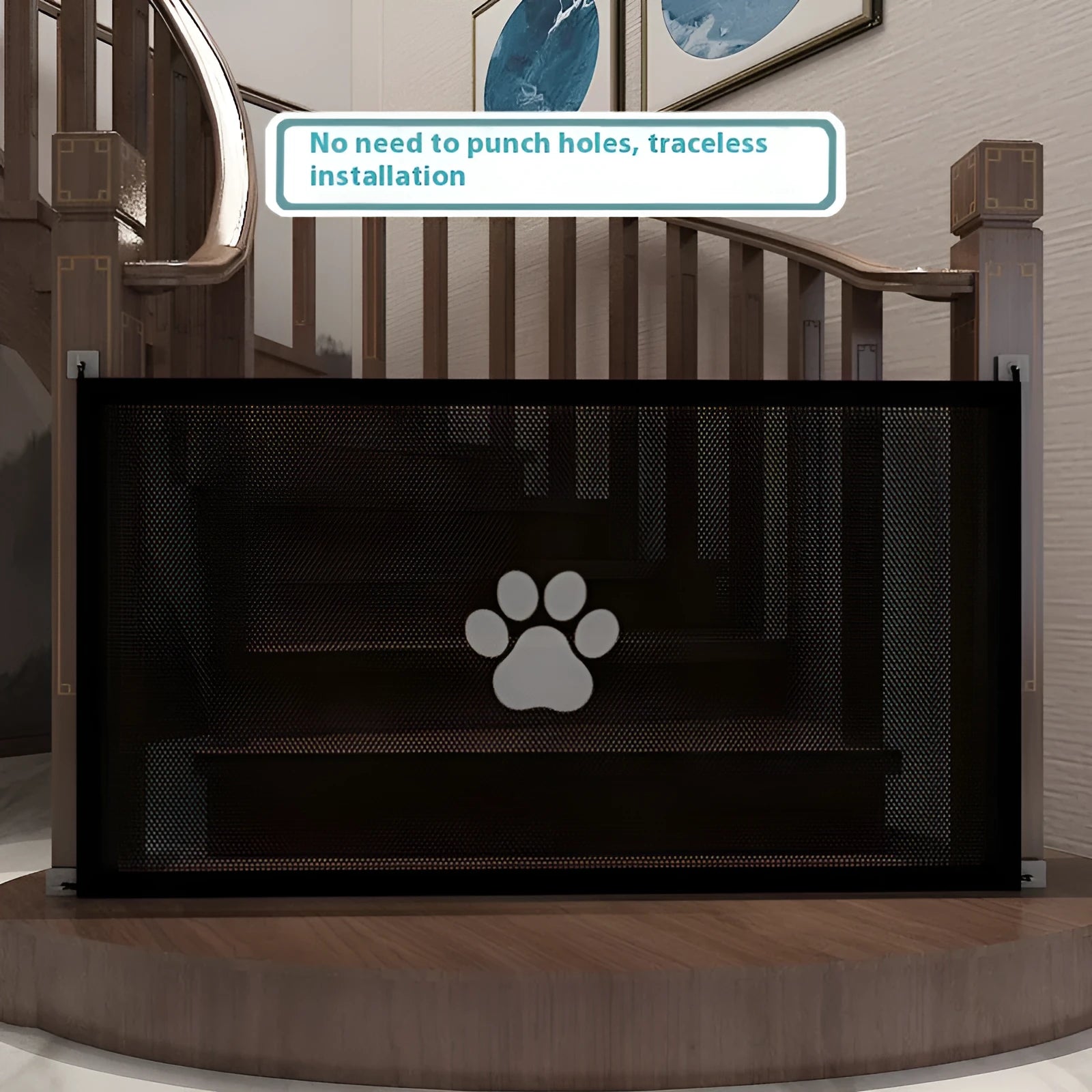 Portable folding dog barrier fence with plastic rod in black dog footprint door sill design
