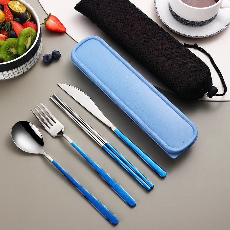 304 stainless steel portable cutlery set with knife fork spoon and gold mesh bag on table