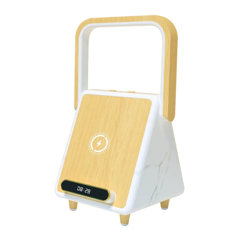 Wireless charging Bluetooth speaker with induction night lamp in Platinum Jazz finish, shown on a tabletop