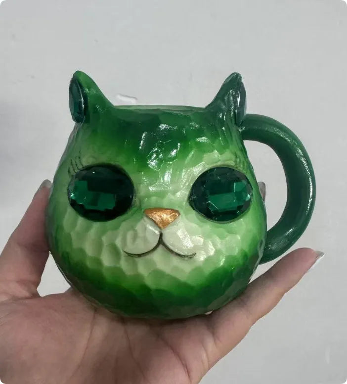Crystal Earth Cat Cup resin decorative craft in blue, green, pink, or purple colour options