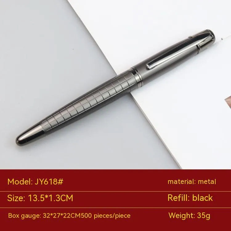 Business metal roller pen gun gray with black refill on white background, 13.5cm length
