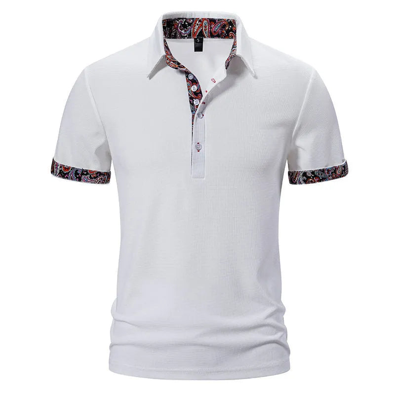 Men's navy blue cotton blend polo shirt with short sleeves and a turnover collar on a white background.