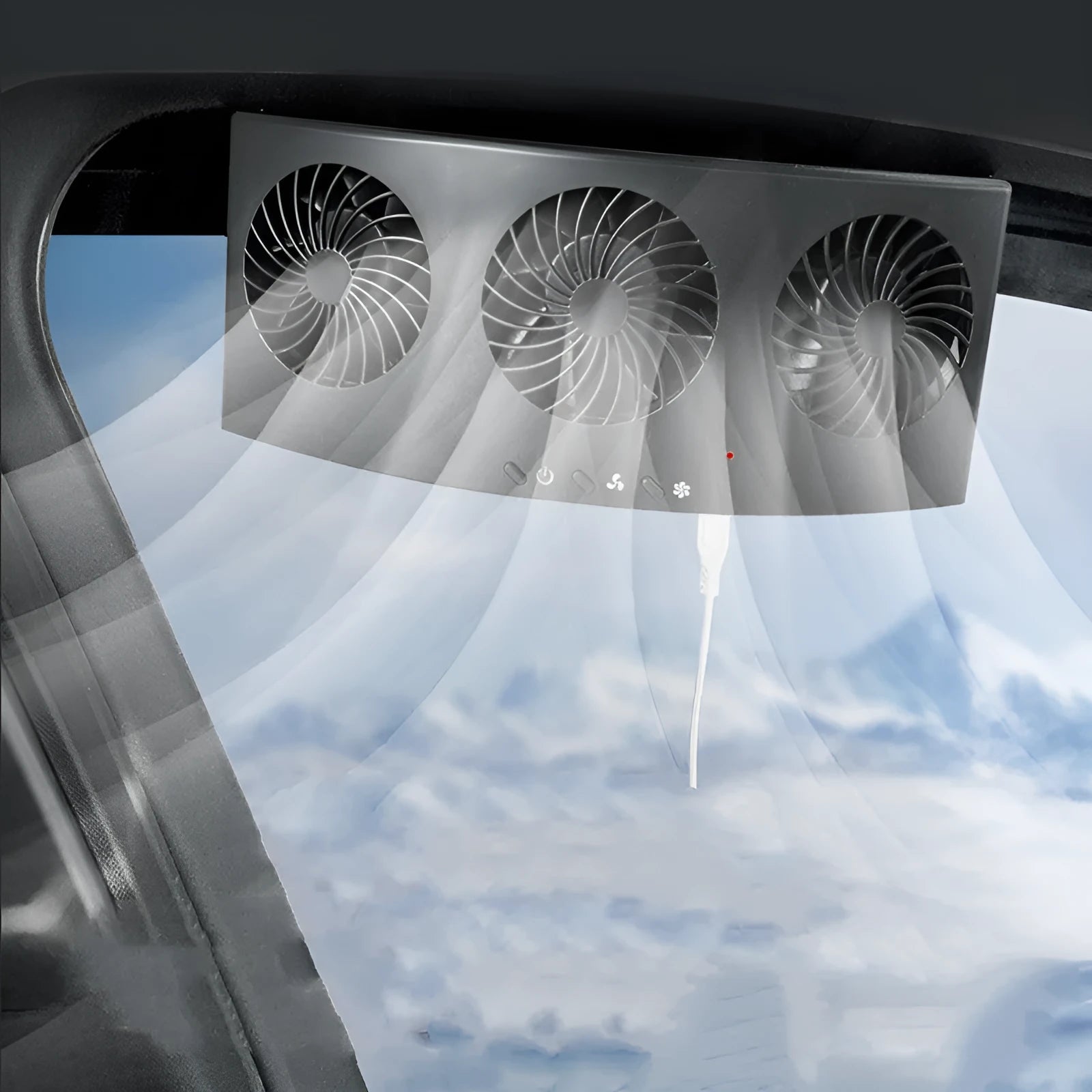 Black and white USB-powered car ventilation fan for exhaust odor reduction