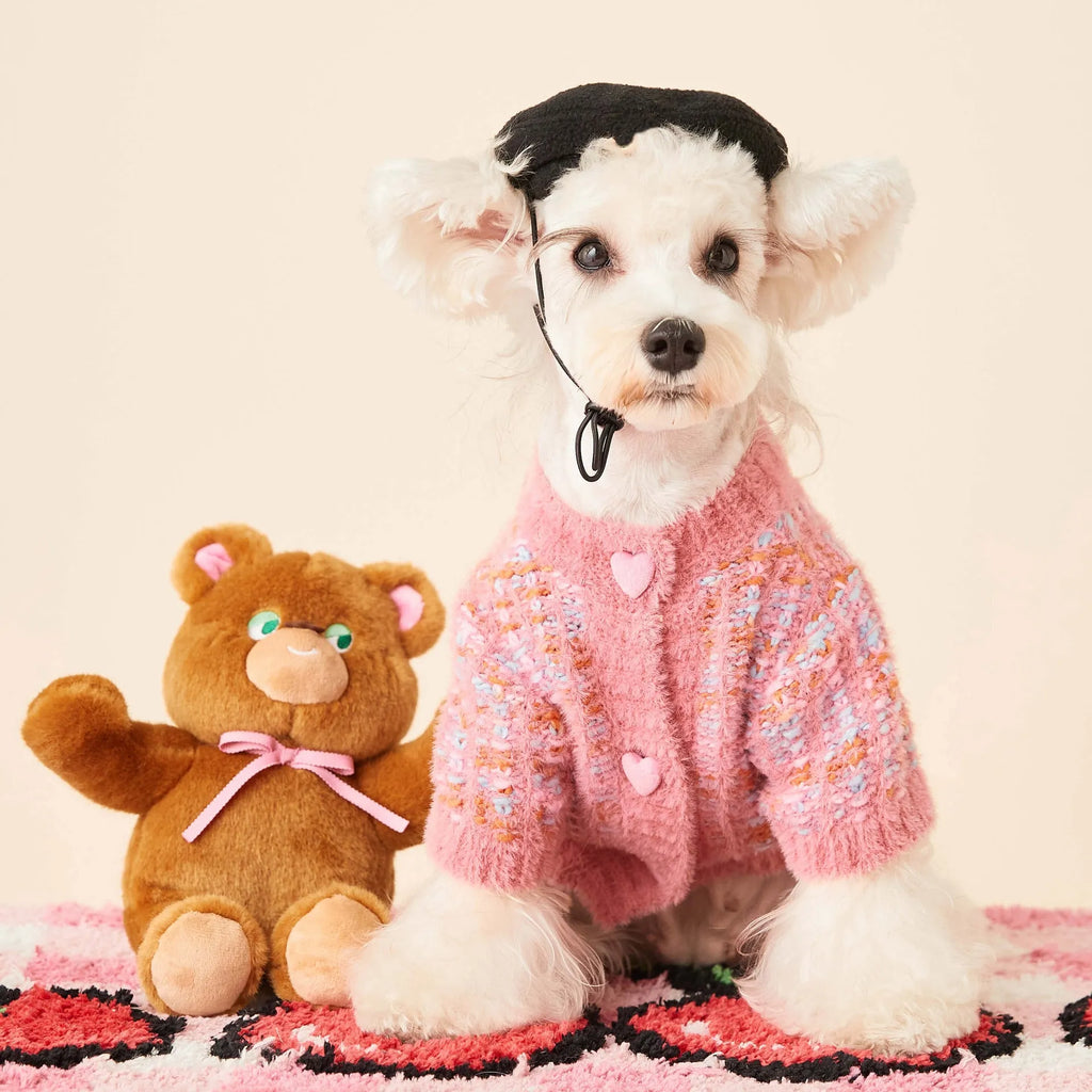 Wool pet cardigan sweater in pink and purple for female dogs, sizes XS to 2XL