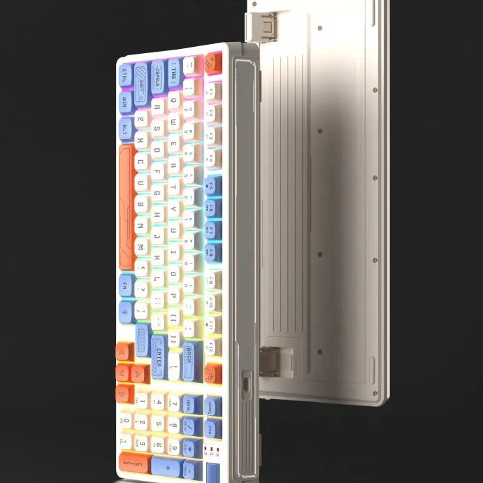 Luminous desktop keyboard with mechanical feel keys showing backlighting, measuring 38.5 cm wide