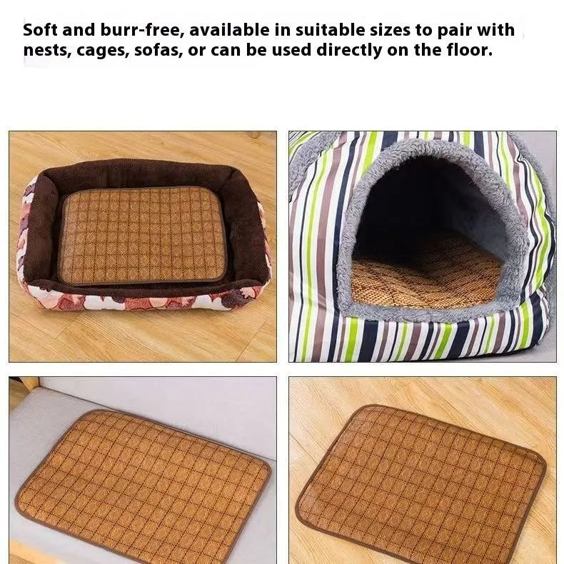 Brown rattan fibre dog cooling mat showing textured fabric and flat mat design