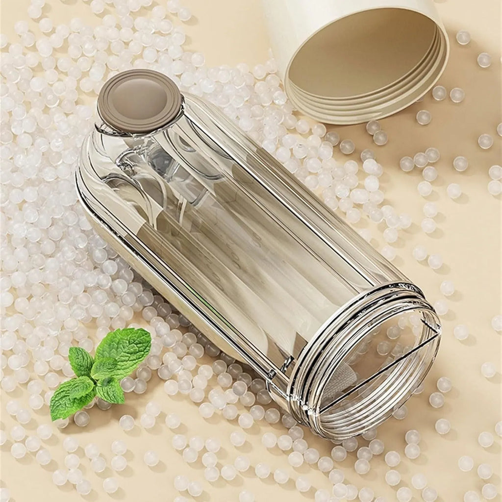 Beige foldable dog water bottle with food dispenser showing collapsible design and drinking tray