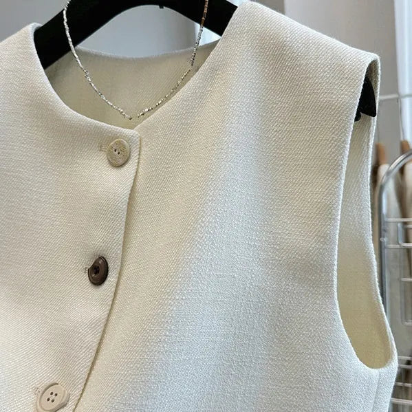 French style bandage vest for women in milky white, sleeveless round neck design.