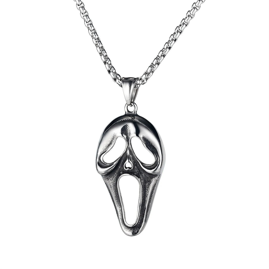Men's silver stainless steel necklace with alloy pendant showing six design options including skull, dagger, and Hot Wheels