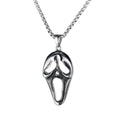 Men's silver stainless steel necklace with alloy pendant showing six design options including skull, dagger, and Hot Wheels