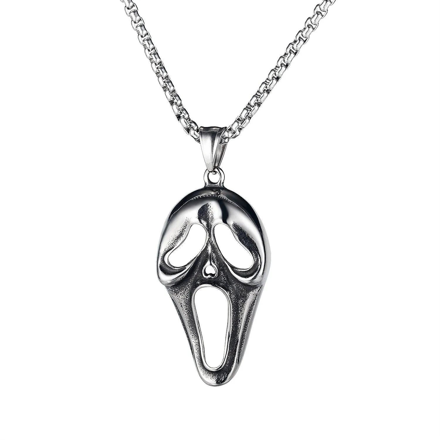 Men's silver stainless steel necklace with alloy pendant showing six design options including skull, dagger, and Hot Wheels