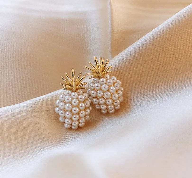 Korean style pineapple starfish pearl earrings in electroplated alloy with artificial gem inlays