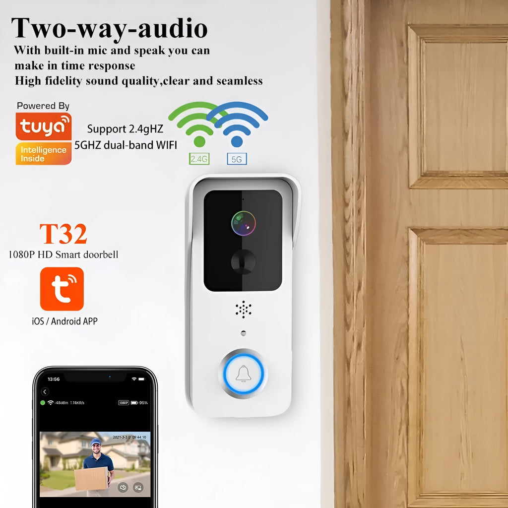White waterproof HD visual doorbell with intercom, camera, and 18650 battery for home security