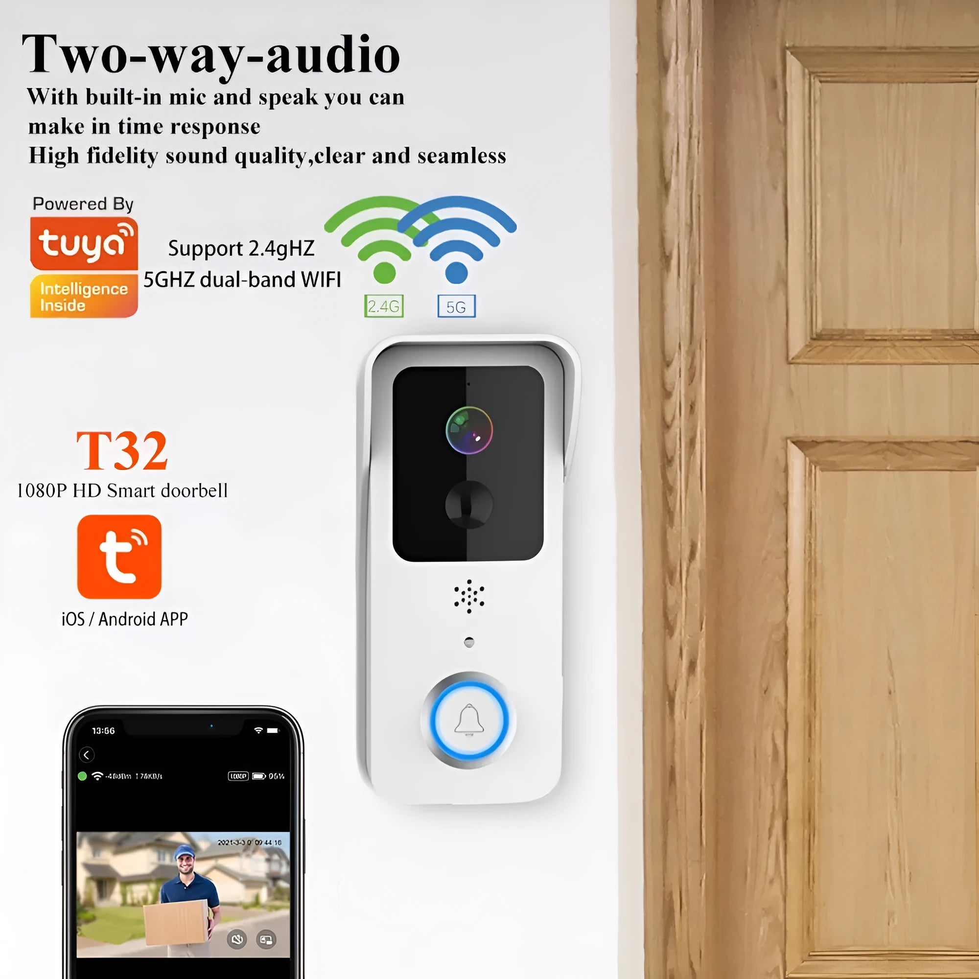 White waterproof HD visual doorbell with intercom, camera, and 18650 battery for home security