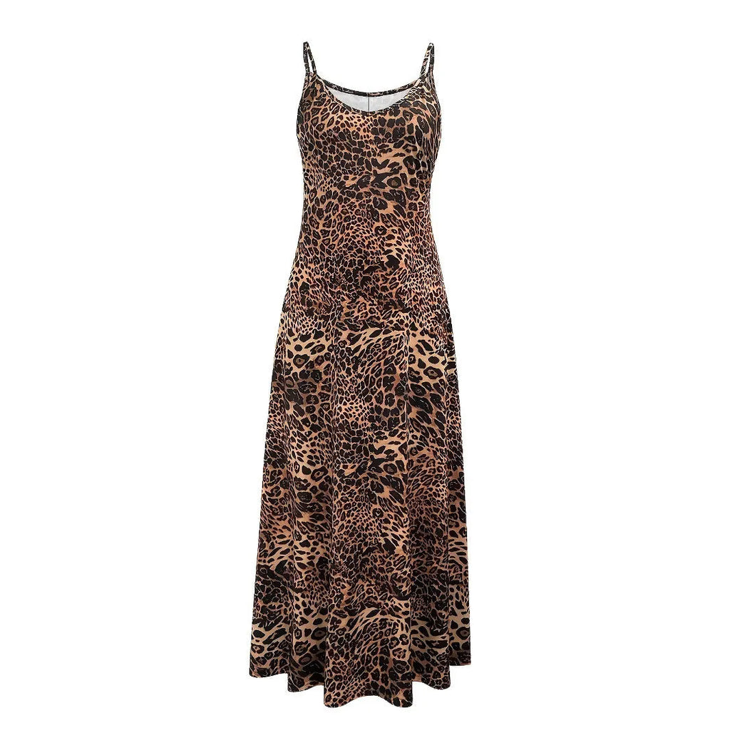 Dark brown leopard print sleeveless dress with round neck and sling shoulder straps