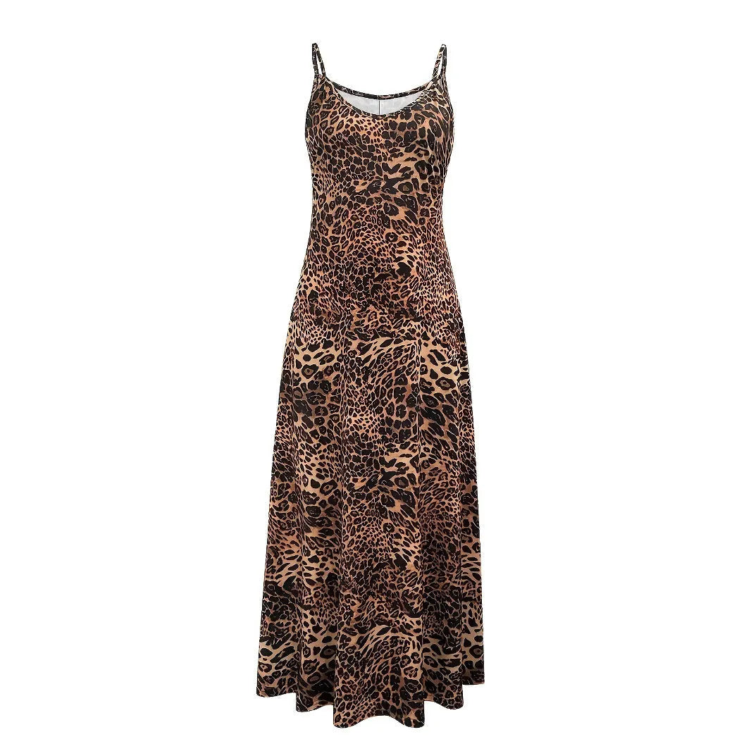 Dark brown leopard print sleeveless dress with round neck and sling shoulder straps