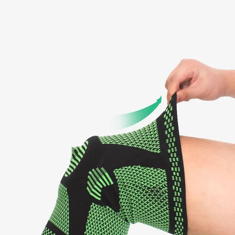 Sports fitness silicone spring knee pads in green, blue, white, and orange colours showing polyamide construction