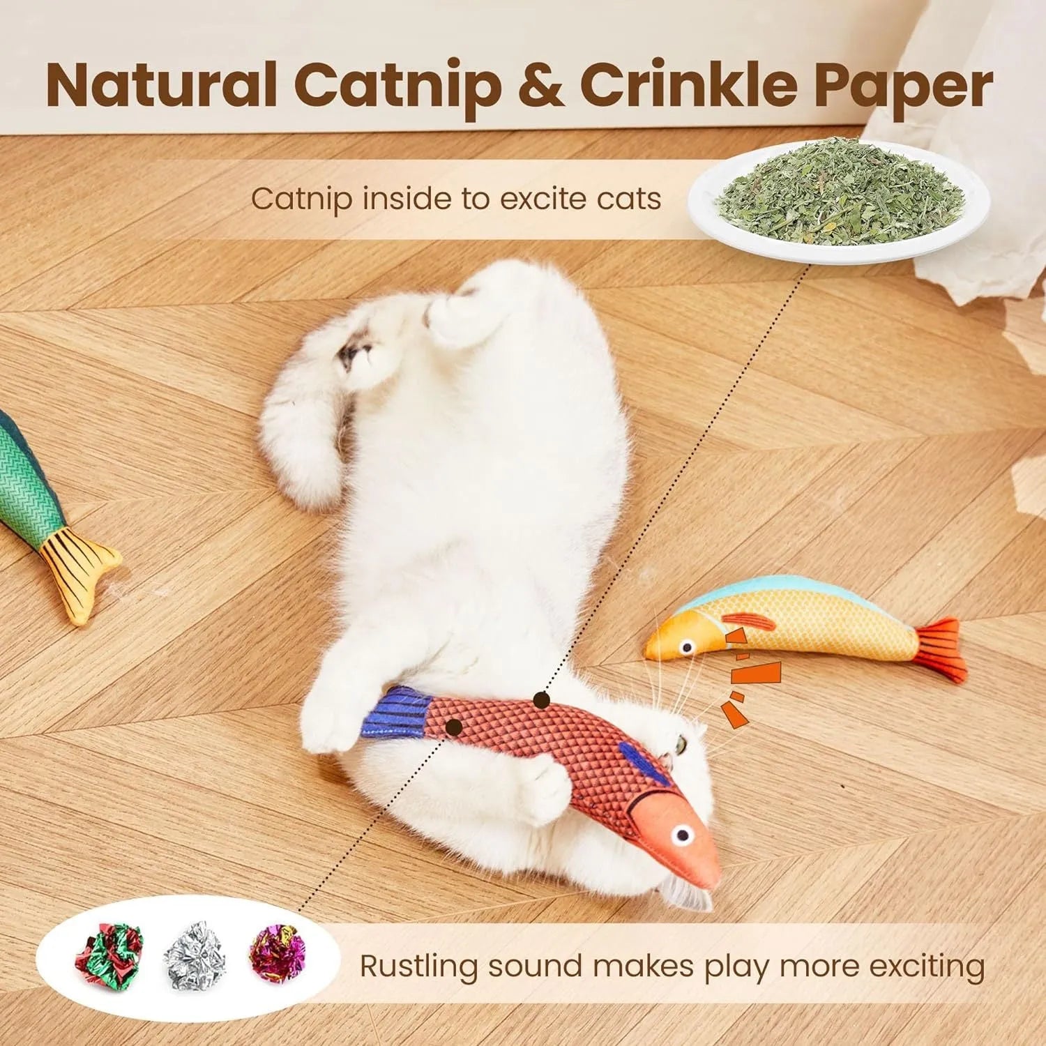 Plush cat kicker toy with organic catnip in green, orange and yellow colour options