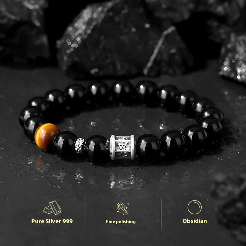 Hand-woven black obsidian six-word mantra bracelet with 10mm prayer wheel beads for men