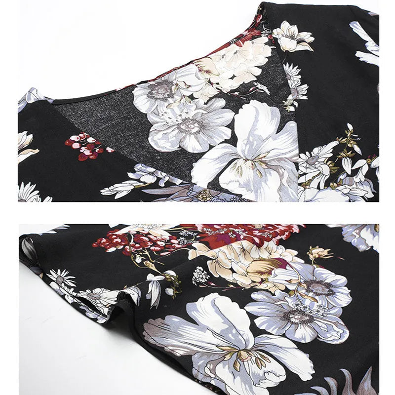 Floral print summer beach dress for women with V-neck and elastic high waist