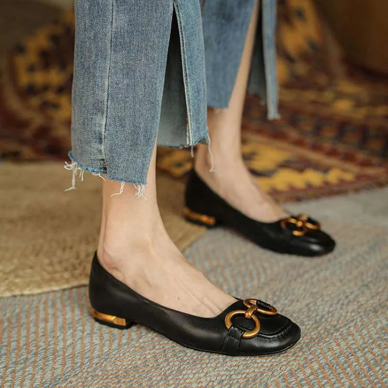 Women's Wanwan Lei style square toe pumps with shallow mouth cut and metal detail in apricot colour