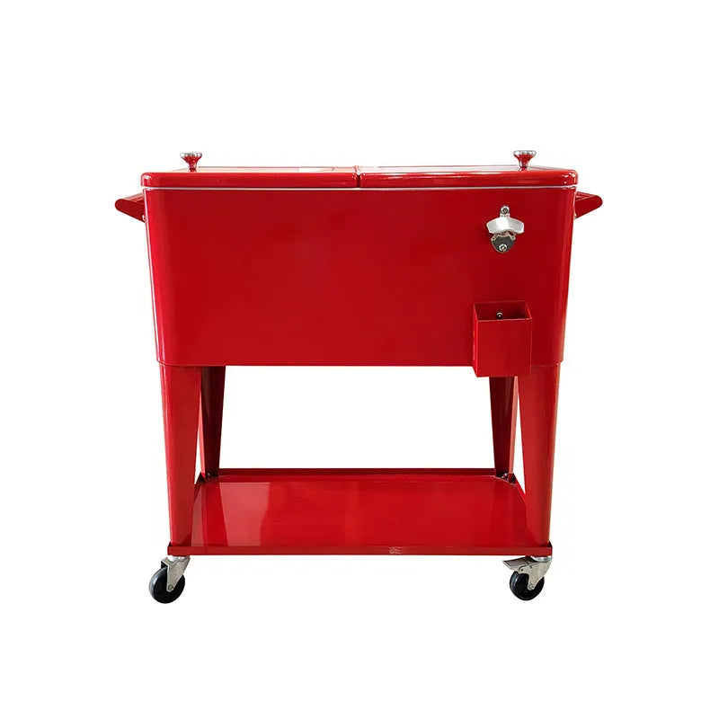 Red metal outdoor insulated trolley cooler box with a 750 capacity.