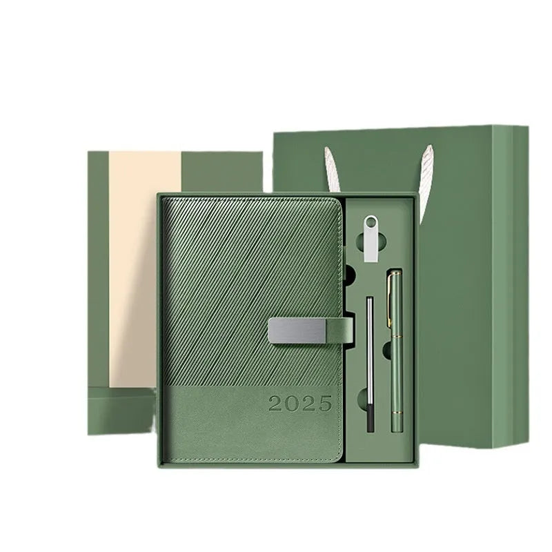 Business notepad with striped PU leather cover showing eight colour options and A5 dimensions