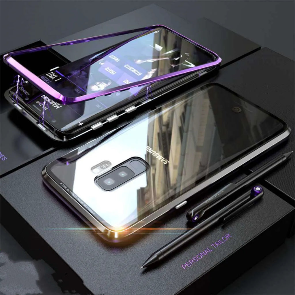 Black anti-peeping magnetic clamshell phone case for Samsung Galaxy S21 Ultra shown open and closed.