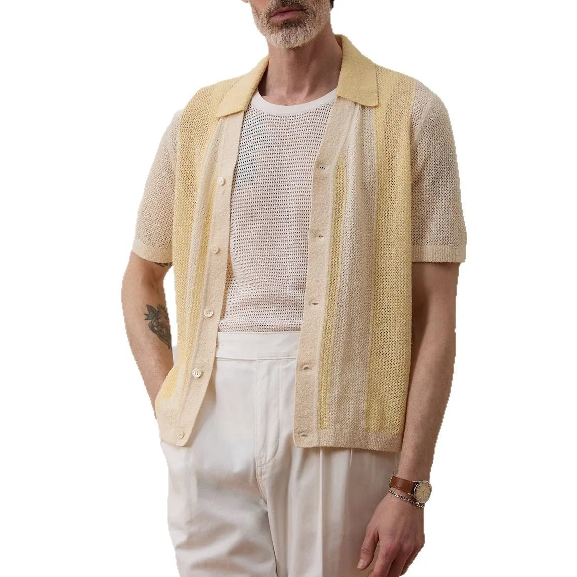 Hollow-out short-sleeved Tencel polo shirt in yellow with asymmetric design