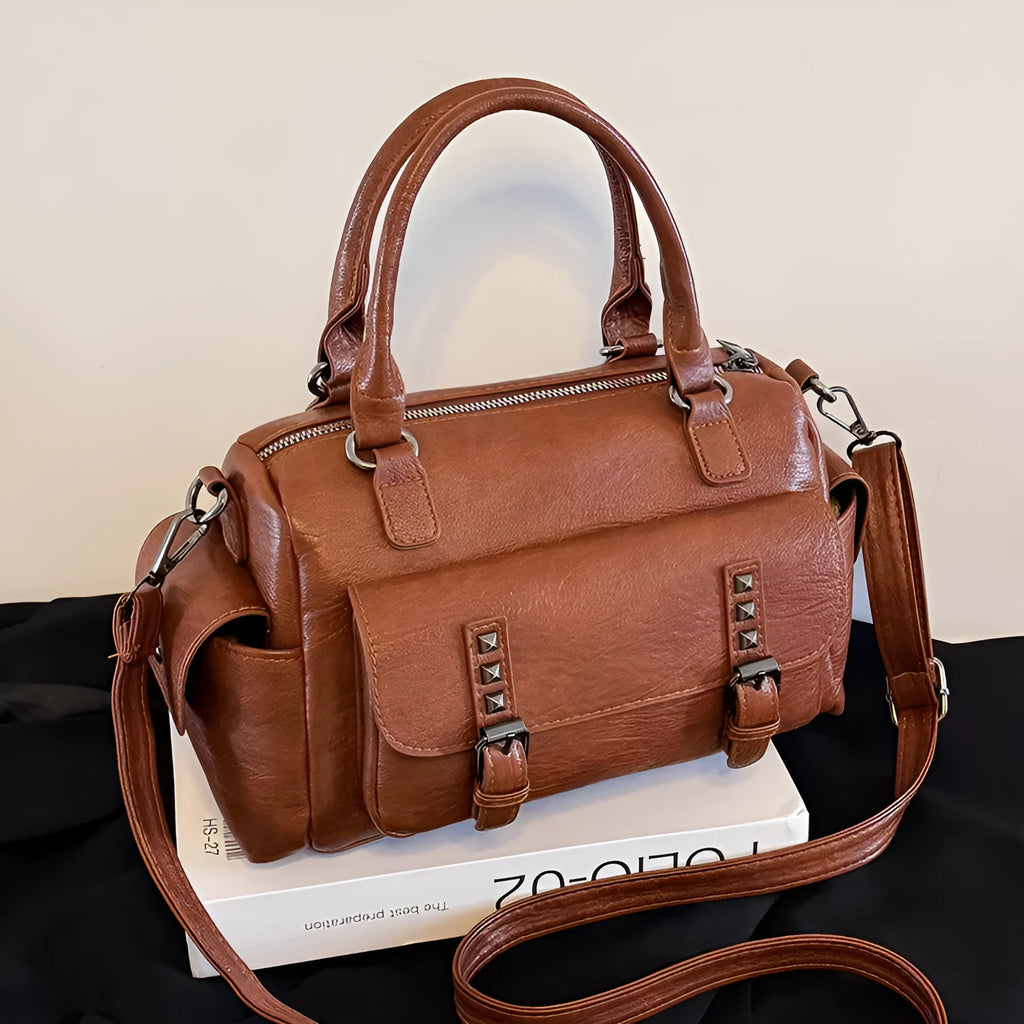 Large vintage-style PU leather messenger bag in a horizontal square shape with contrast stitching.