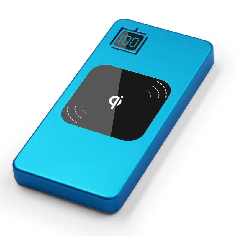 Alloy shell portable power bank with LCD display in black, silver, red, or blue.