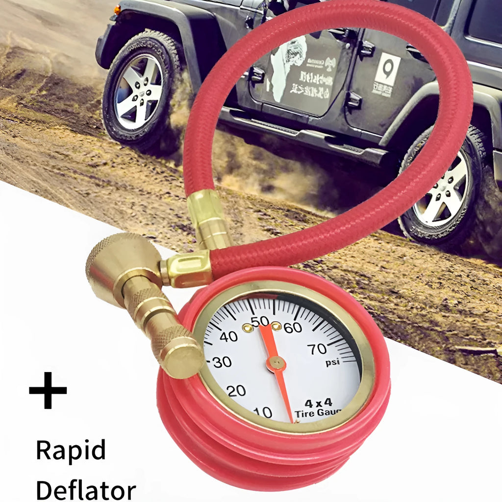 Mechanical automobile tire pressure gauge with copper interior and rubber shell in red and black colour options