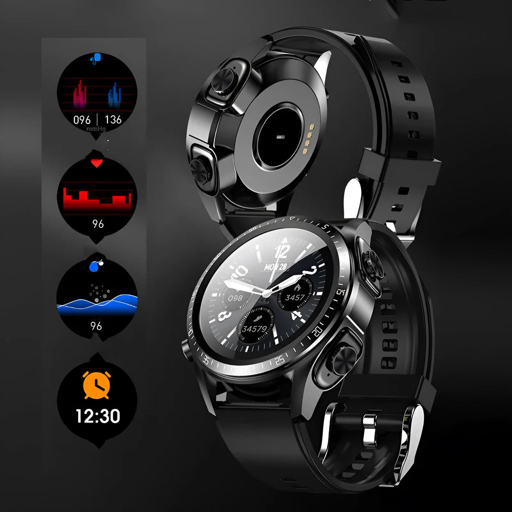 Black smart watch with 1.28-inch screen showing health metrics, paired with wireless TWS earphones