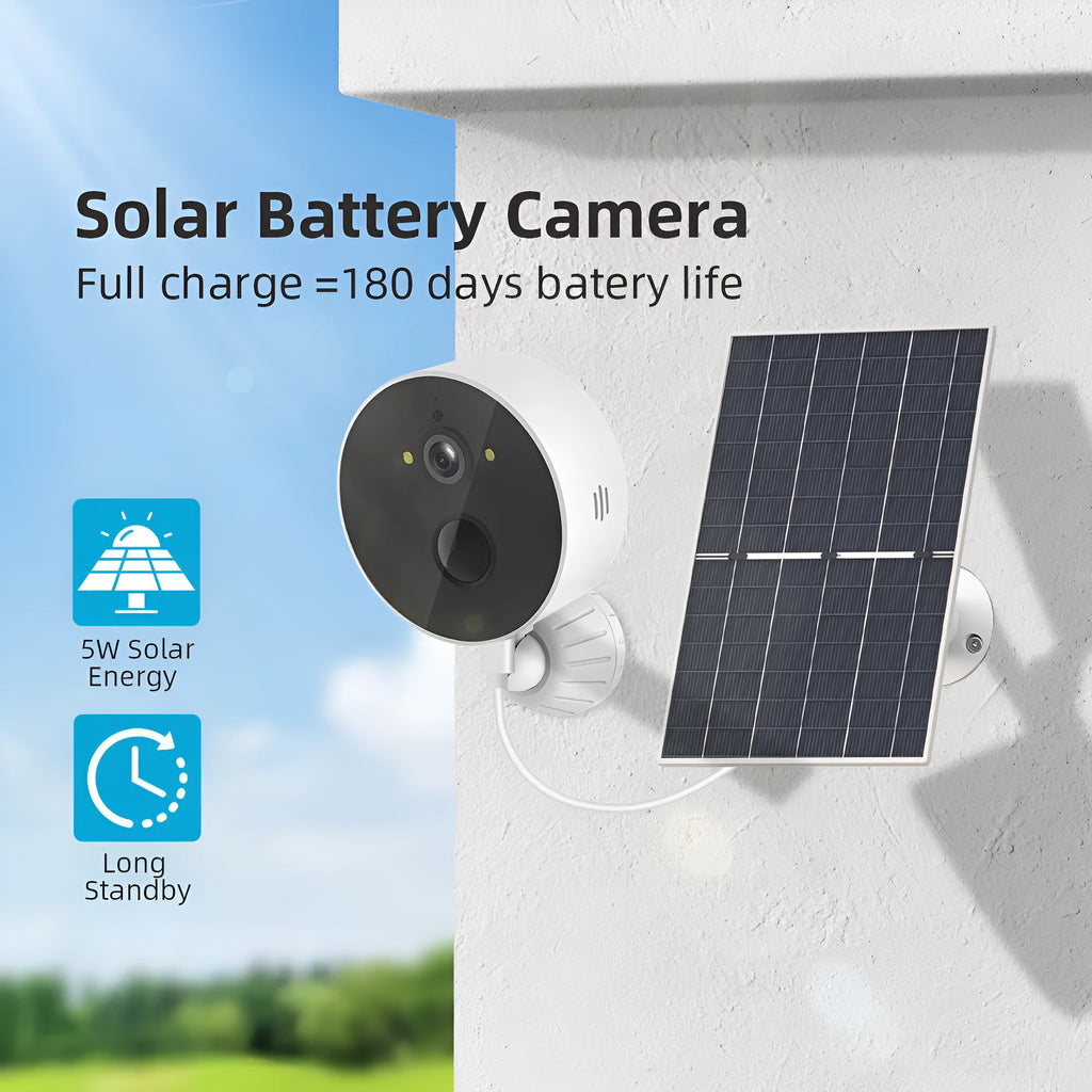 Solar-powered outdoor security camera with solar panel and 1080P resolution