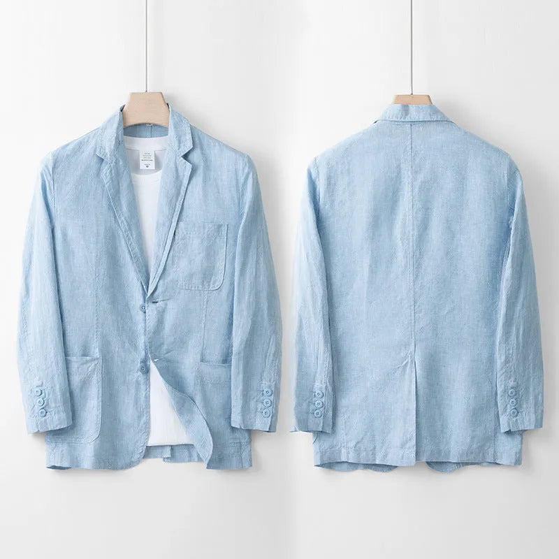 Men's casual linen suit jacket in solid colour with long sleeves and loose fit on a plain background