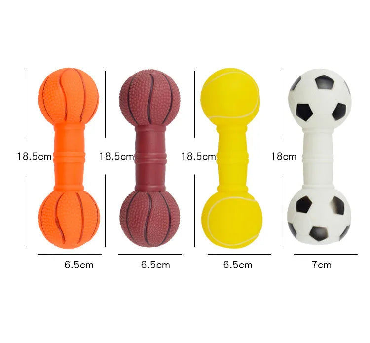 Brown, orange, white, and yellow PVC football dumbbell shaped dog toy with squeaker.