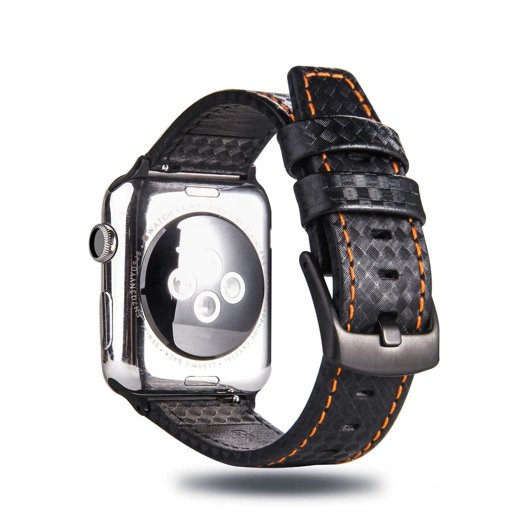 Carbon fiber leather Apple Watch strap with PC hard shell case in black line colour for 42 44mm size