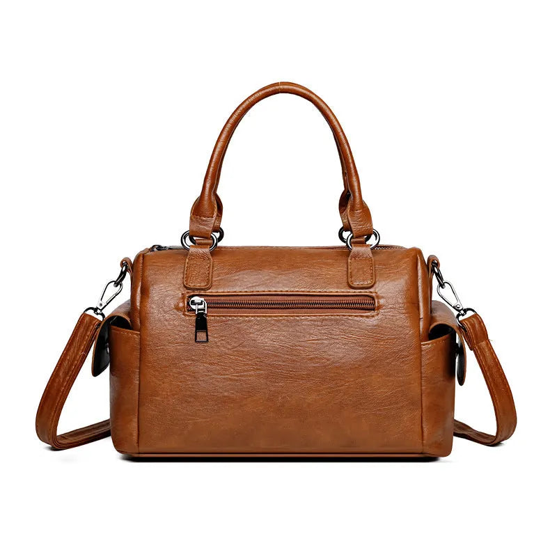 Large vintage-style PU leather messenger bag in a horizontal square shape with contrast stitching.