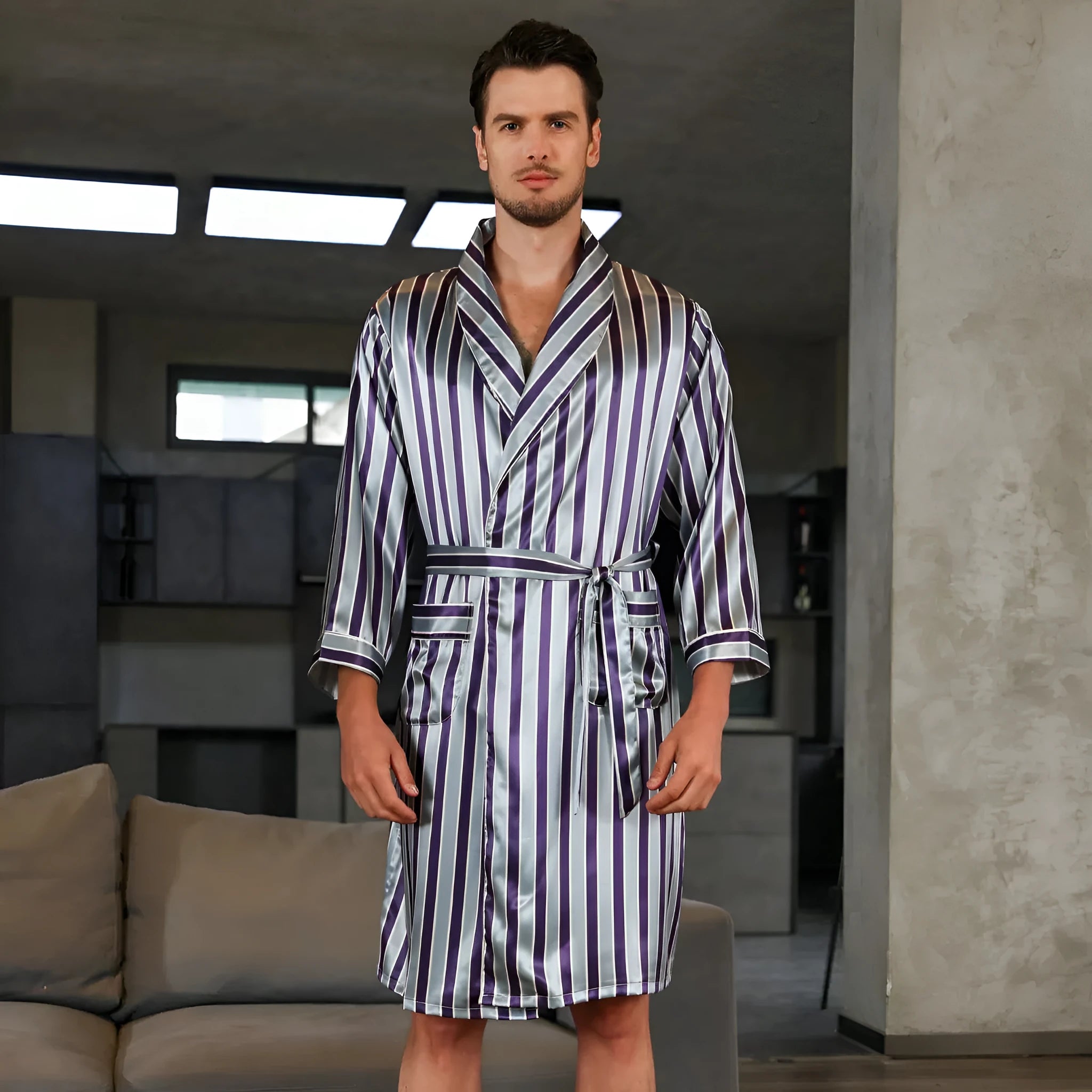 Men's lightweight rayon summer bathrobe nightgown in multiple colour options including red crane design