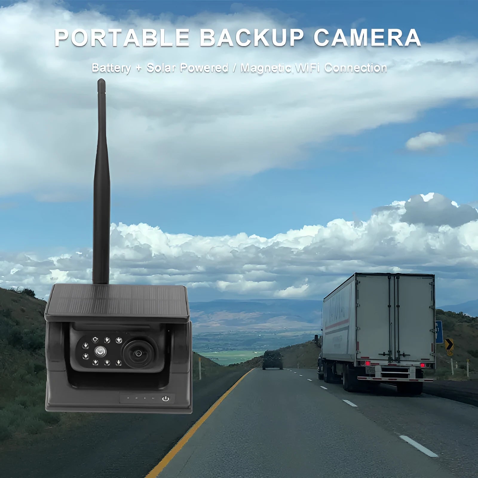 Solar wireless charging reversing camera with magnet suction mount and aluminium alloy shell