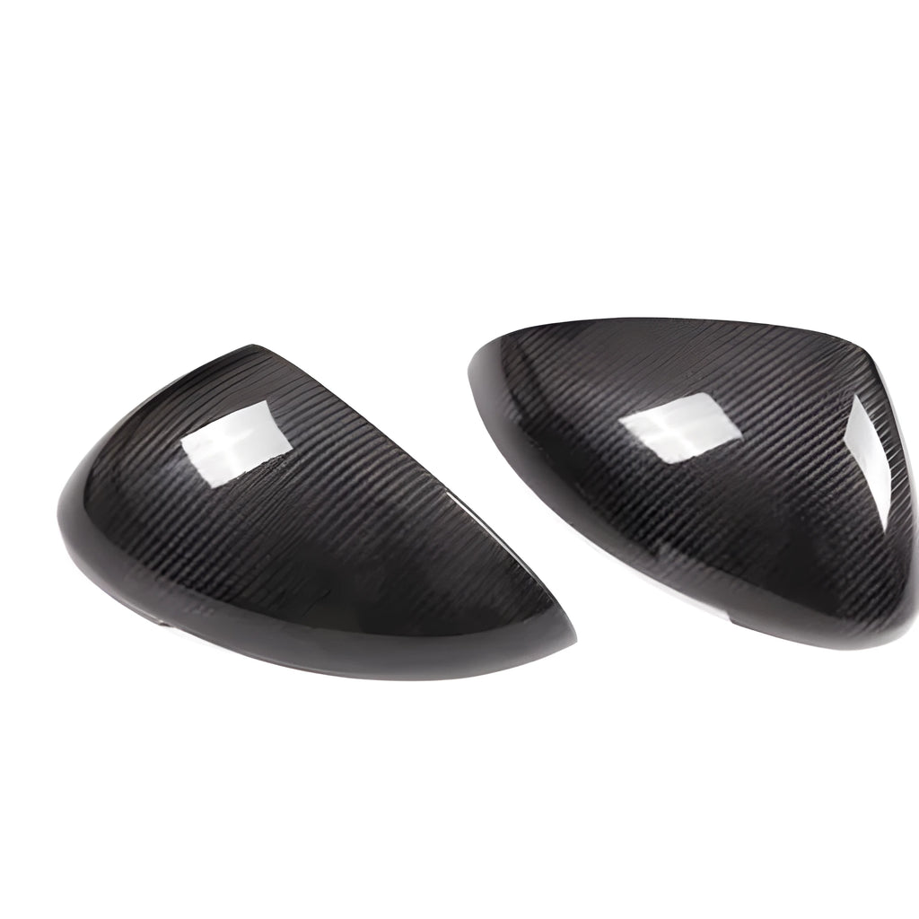 Black true carbon fibre rearview mirror cover for Porsche Macan, showing dimensions.