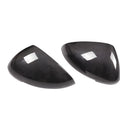 Black true carbon fibre rearview mirror cover for Porsche Macan, showing dimensions.