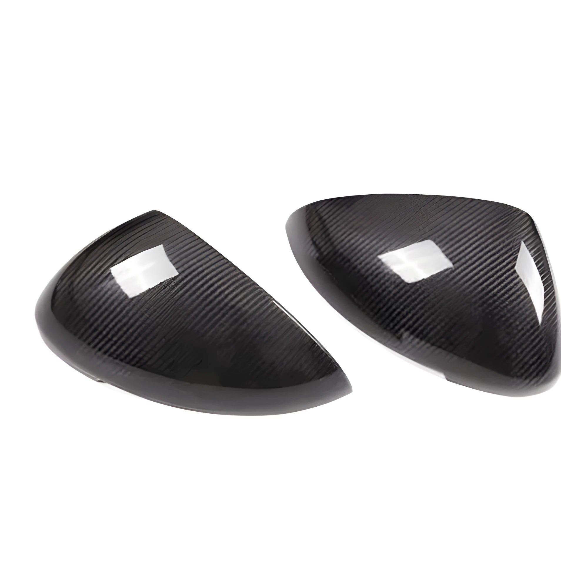 Black true carbon fibre rearview mirror cover for Porsche Macan, showing dimensions.
