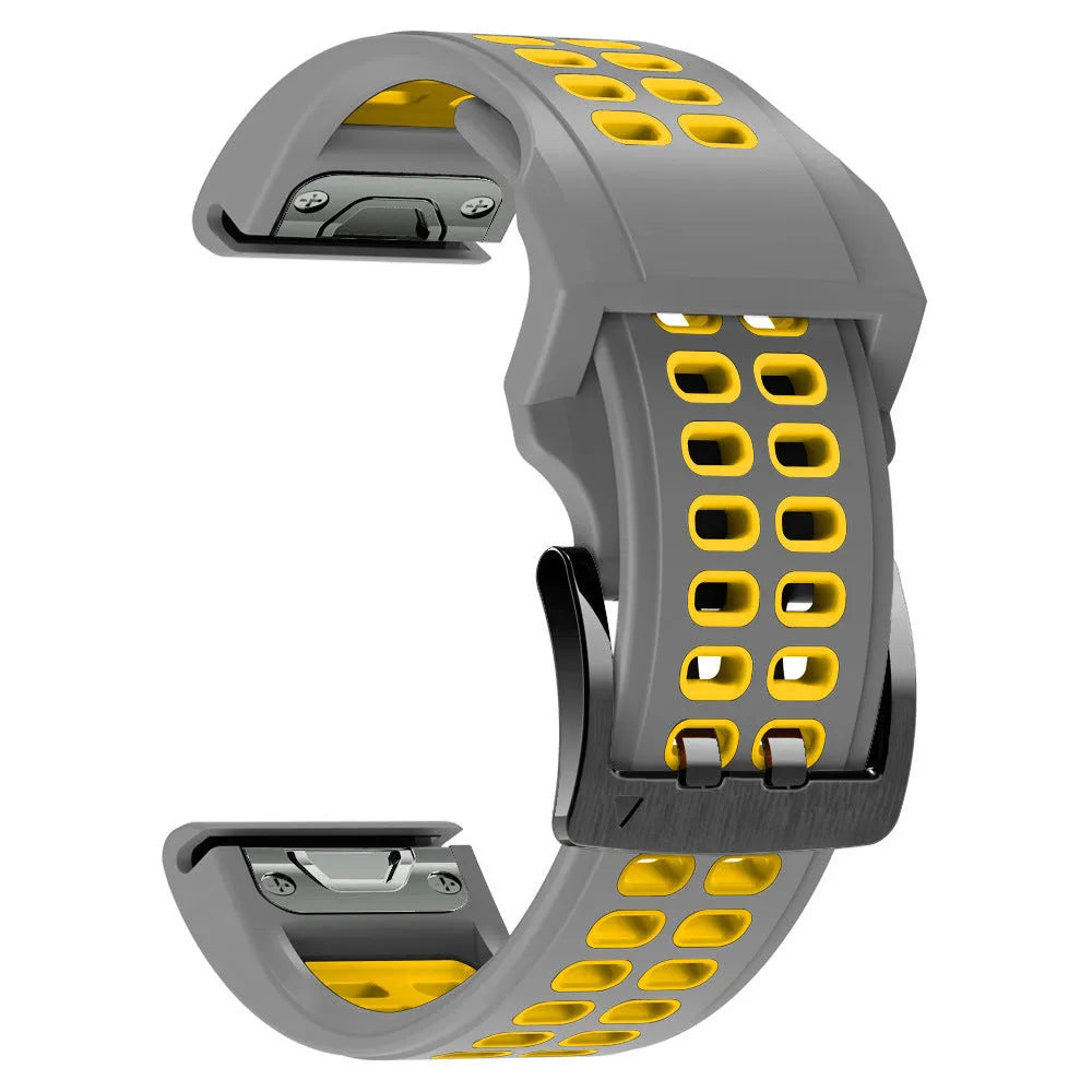Quick release two-tone silicone watch strap with pin buckle in black and orange colour