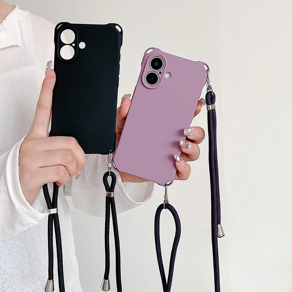 Four-corner cross lanyard liquid silicone phone case for Apple iPhone 16, soft anti-fall, antique white colour