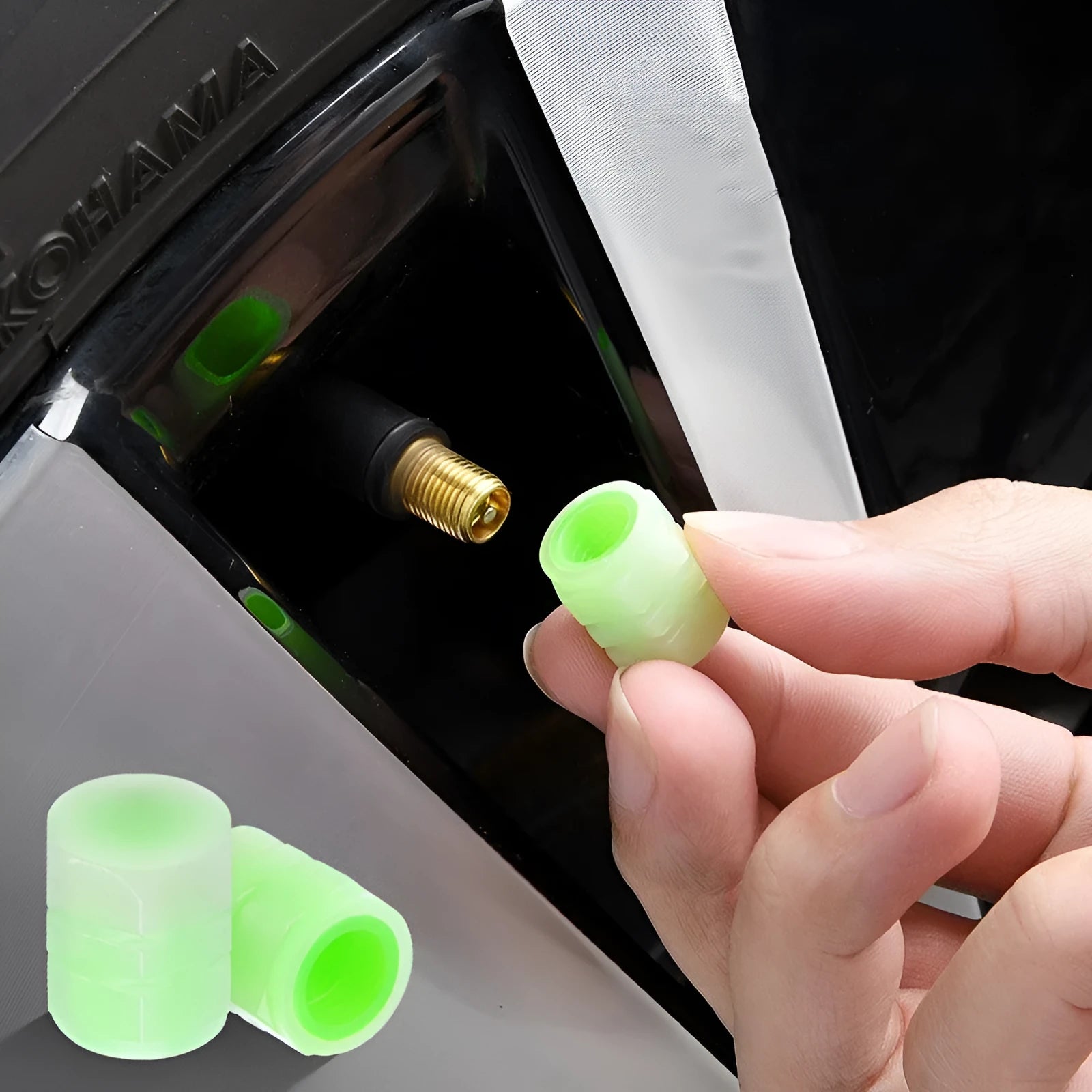 Glow-in-the-dark car valve caps showing rubber construction and luminous properties